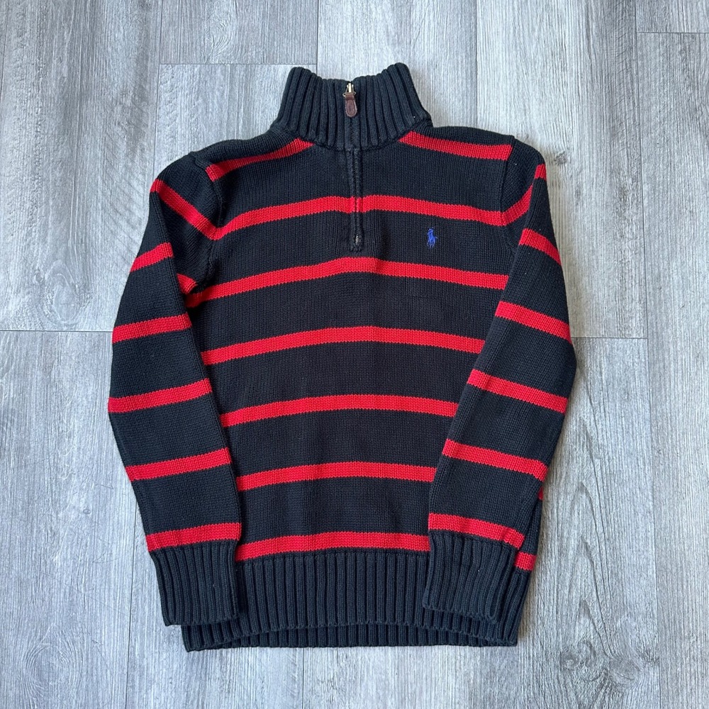 Polo Ralph Lauren Red Navy Striped 1/4 Zip Sweater Kids M (8/12)
